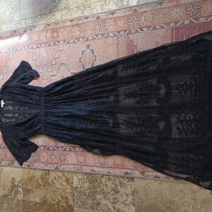 Honey Punch Navy Blue Sheer lace romper with maxi skirt overlay with slits